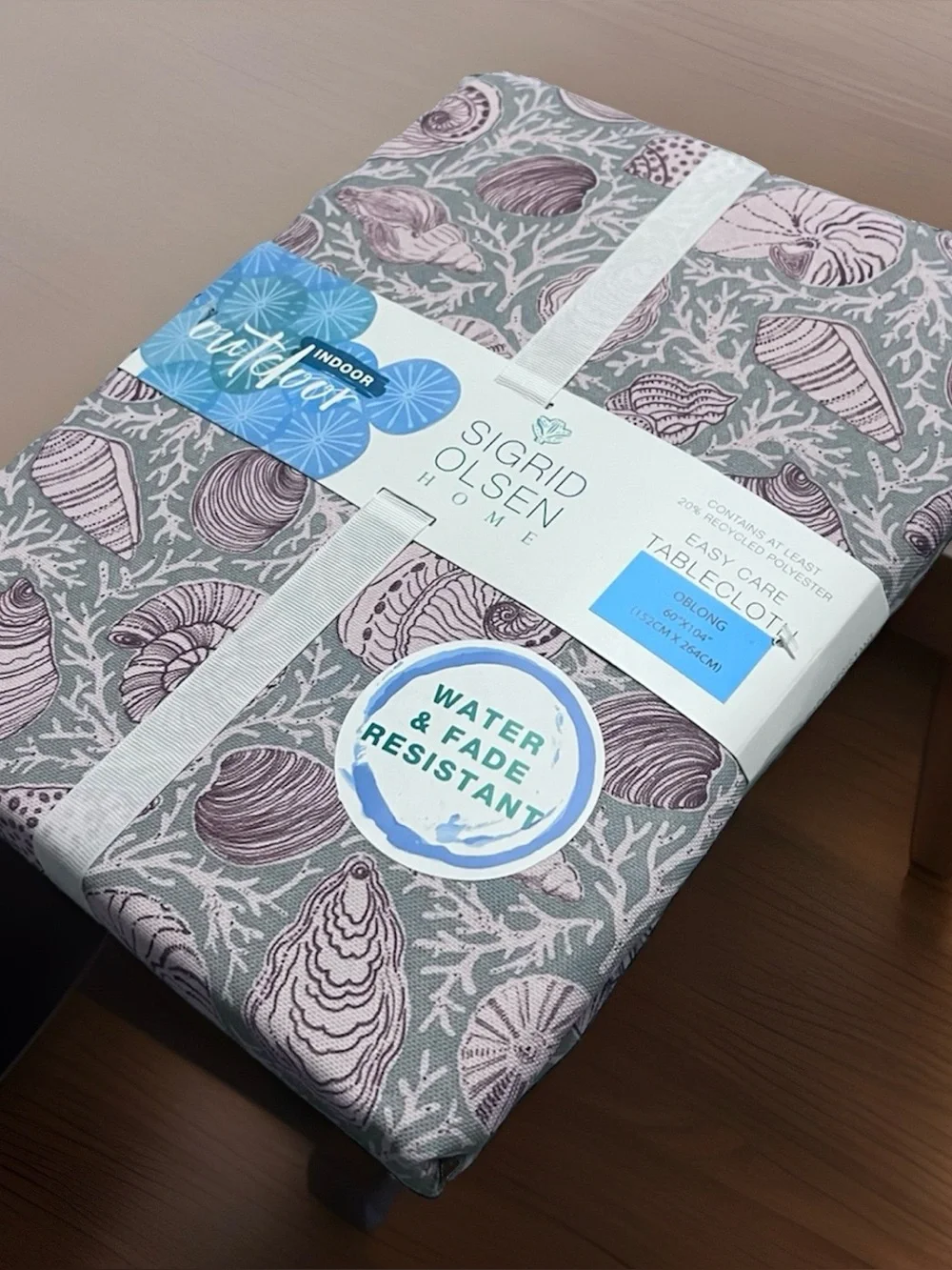 Sigrid Olsen 60x104 Oblong Tablecloth Blue Beige Shell Seashells Coral Outdoor